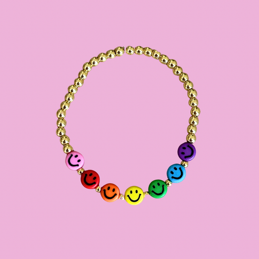 rainbow smiley + gold bbbeaded bracelet